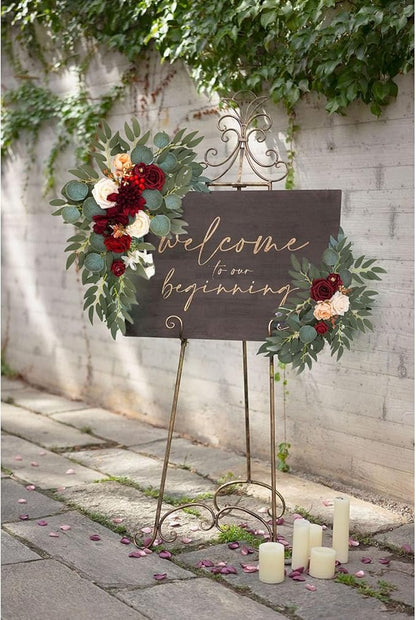 Faux Flower Swag Set of 2, Artificial Flowers Swags for Wedding Arch, Wedding Welcome Signs, Welcome Reception Ceremony Signs Decorations Burgundy