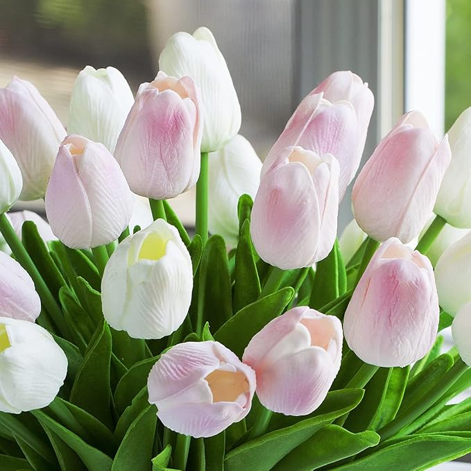 ENOVA FLORAL 30 Pieces Artificial Real Touch Tulips Flowers with Vase, Fake White Pink Tulips Flowers with Vase for Dining Table, Home Decoration, Wedding Centerpieces