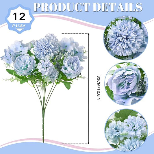 ASTRYAS Blue Artificial Flowers, 12Pcs Fake Peony Silk Peonies for Decoration Blue Faux Flower Arrangements for Spring Office Home Decor Wedding Party (Light Blue)