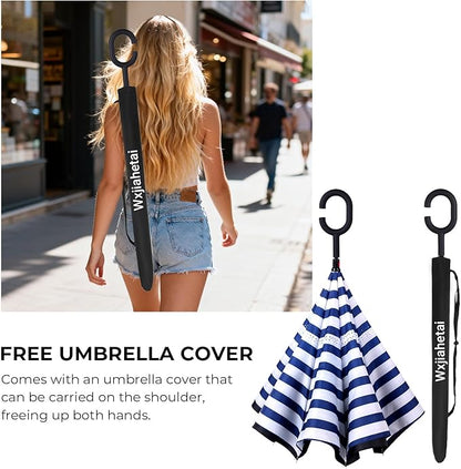 Inverted Umbrella, 49 Inch Double-Layer Vented Reverse Umbrella, Windproof Waterproof UV Protection, Lightweight C-Handle, Fiberglass Ribs, Steel Shaft, Travel/Commute/Car Use, With Sleeve