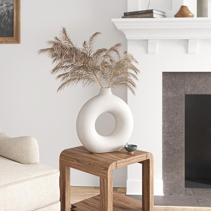 Cream White Ceramic Vase for Home Decor, Donut Vase for Pampas Grass, Dried Flowers, 7.6 Inch Minimalist Boho Flower Vases Decorative for Table, Shelf, Living Room, Dining Room, Farmhouse