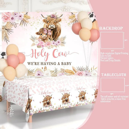 Highland Cow Baby Shower Decorations Girls, 129 PCs – Holy Cow Baby Shower Party Supplies with Floral Backdrop, Balloon Garland, It’s a Girl Cake Topper, Mommy To Be Sash, Headband
