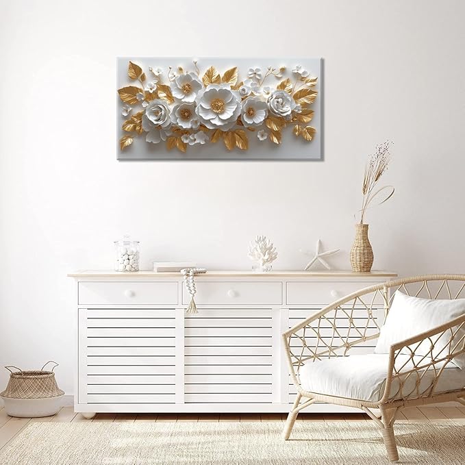 IDAFU Flower Wall Art White Foral and Golden Leaves Wall-décor White Wall Art Floral Painting Pictures for Living Room Bathroom Bedroom Kitchen Office Cuadros Decorativos Para Sala Decor 46L x 23W