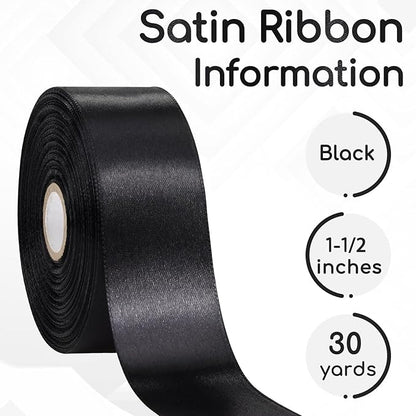 Black Satin Ribbon 1-1/2 Inch 30 Yards, Black Ribbon for Gift Wrapping, Flower Bouquet, Crafts, Halloween, Christmas, Wedding and Bow Making