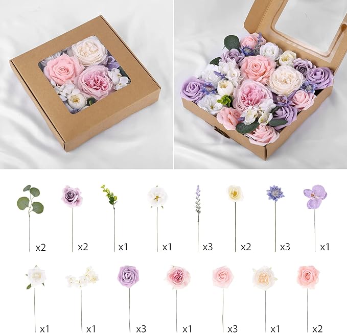 Jspupifip Purple Pink Artificial Flowers Combo Box, Silk Floral Wedding Bouquets Rose with Stem for DIY Wedding Arrangement Bridal Baby Shower Flower Vase Centerpiece Cake Decor