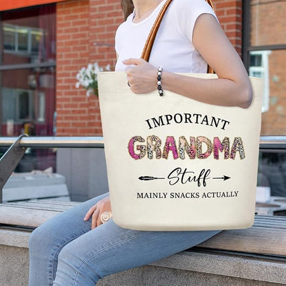 Canvas Tote Bag for Women, Important Stuff Bag with Leather Handle, Reusable Grocery Bags for Shopping Beach Travel