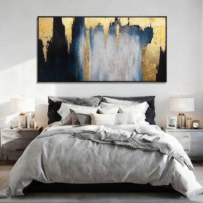 WINKAILIN Blue and Gold Abstract Canvas Wall Art with Frame Modern 29x58 Large Painting Minimalist Artwork for Living Room Bedroom Dining Room Decor