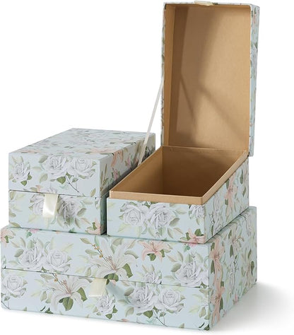 Soul & Lane Pastel Floral Decorative Boxes with Hinged Lids and Muted Ribbon Pull - Pastel Petals, Set of 3 (One Large and Two Medium Boxes), Cardboard Storage for Photos, Documents, Keepsakes