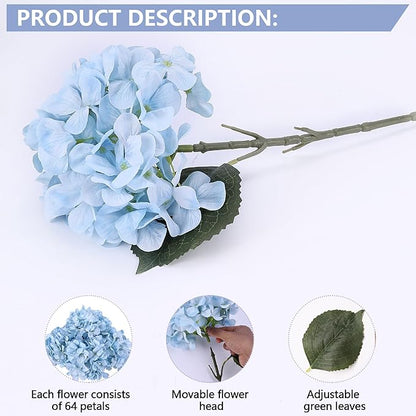 4 Pcs Long Stem Big Size Artificial Hydrangea Flowers for Home Wedding Decor, Party Centerpieces, Office Decoration,Shower (Sky Blue)