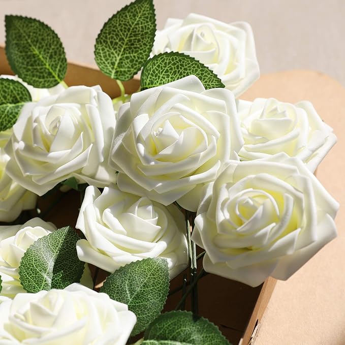 AmyHomie Artificial Flower Ivory Rose 25pcs Real Looking Fake Roses w/Stem for DIY Wedding Bouquets Centerpieces Arrangements Party Baby Shower Valentines Day Christmas Tree Decorations