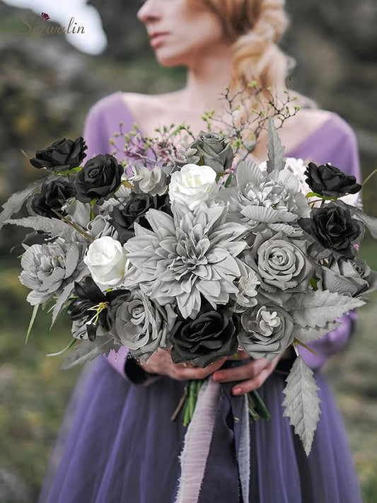 Serwalin Artificial Flowers Grey Fake Flowers Box Set, Silk Flowers with Stems, Faux Wedding Flower Cake Flowers for DIY Wedding Bouquets Bridal Shower Centerpieces Floral Arrangements Decor