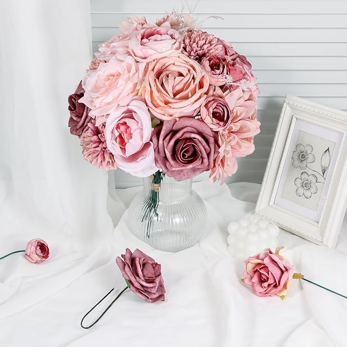 Artificial Flowers Combo Dusty Pink Roses with Stems Bouquets Bridal Wedding Shower Decorations Fake Floral for Party Table Centerpieces Home Decor