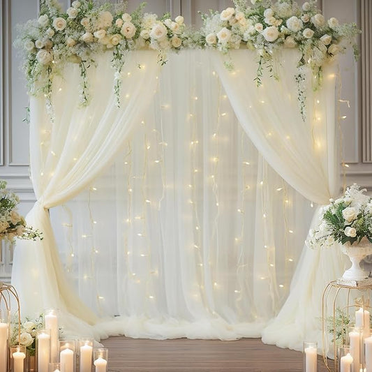 10x8ft Ivory Tulle Backdrop Curtain with Lights String for Parites, Sheer Backdrop Curtains for Wedding Baby Shower Birthday Party Photo Shoot Decorations