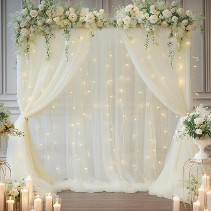 10×10ft Cream White Tulle Backdrop Curtain with Lights String for Parites, Sheer Photo Curtain Backdrop Drapes for Wedding Party Photography Backgrounds
