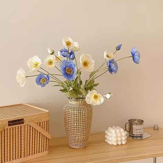 2 Pcs Artificial Fake Flowers Plants Poppies Silk Flower Arrangements Wedding Bouquets Decorations Plastic Floral Table Centerpieces for Home Kitchen Garden Party Decor Approx 23.6" High - White