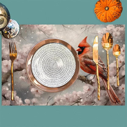 PVC Placemats Set of 1 Winter Red Cardinal Flower Wipeable Table Mats Washable Heat Resistant Non Slip Vinyl Dining Table Mat for Kithen Indoor Outdoor Patio Farmhouse Place Mats Decorative
