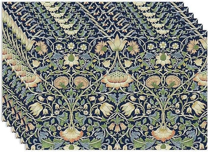 William Morris Flower Placemats Set of 6, Vintage Botanical Plant Place Mats, Heat Resistant Non Slip Cotton Linen Dining Table Mats for Home Kitchen Party 18x12 Inch