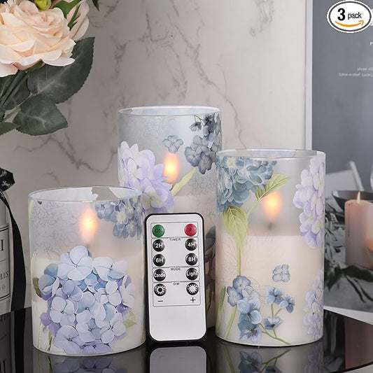 DRomance Hydrangea Glass Flameless Candles with Remote Timer Battery Operated LED Flickering Pillar Candles Real Wax Spring Dinner Christmas Holiday Decor D3 x H4, 5", 6"