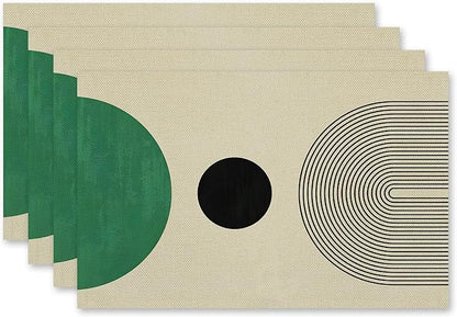 Boho Placemats Set of 4, Modern Minimalist Green and Black Circles Placemats, Boho Mid Century Modern Table Mats Place Mats for Kitchen Dining Table Decoration 16.9x11.4 Inch