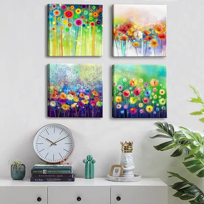 Colorful Flowers Canvas Wall Art, Floral Artwork Painting Prints ModernBathroom Pictures Framed for Living Room Bedroom Office Home Decor - 16"x16"x4 panel