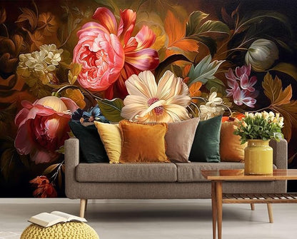 Hand-Painted Watercolor Rose Peony Leaves Flower Mural, Assorted Colors Flower Wallpaper, can be affixed to The Living Room Bedroom Walls（Non-self-Adhesive）