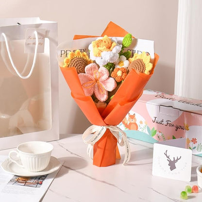 Crochet Flower Bouquet Handmade Crochet Flowers Gifts, Crochet Tulips Sunflowers Roses 7Pcs for Mothers Day Weddings Birthdays Home Decor Ideal for Women Moms Wife Friends(Orange)