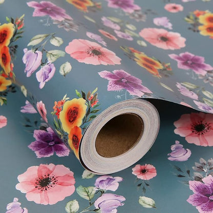 Aimyoo Blue Floral Wrapping Paper Jumbo Roll 17 in x 60 ft, All Accasion Pink Flower Gift Wrap for Wedding Birthday Bridal Shower