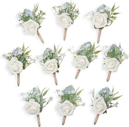 Rose Boutonnieres for Men Wedding Groom and Groomsmen White Boutonniere for Rustic Fall Vintage Wedding Prom Set of 10