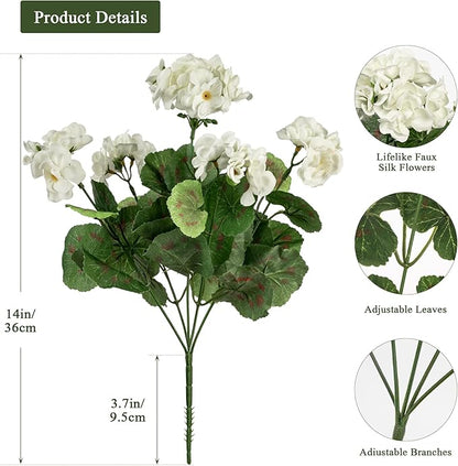 4PCS Home Decor Fake Plants Artificial Flowers Artificial Geraniums Outdoor Fake Flowers Artificial Flowers Fake Silk Bouquet, Fall Decor for Interior Porch Garden Decoration 14.4" (White)
