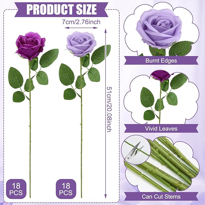36 Pcs Lilac, Purple Artificial Roses with Long Stems, Fake Silk Rose Artificial Flowers Bulk for Bridal Wedding Bouquet Centerpiece Ball Arrangement Party Decor