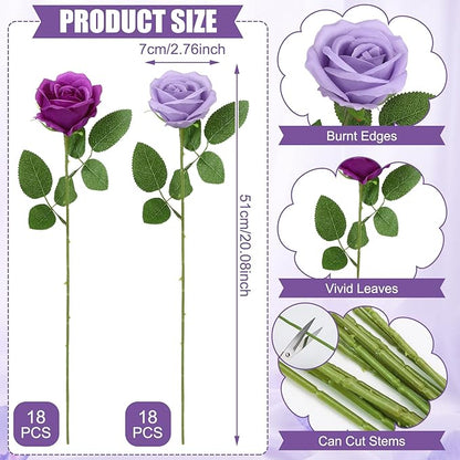 36 Pcs Lilac, Purple Artificial Roses with Long Stems, Fake Silk Rose Artificial Flowers Bulk for Bridal Wedding Bouquet Centerpiece Ball Arrangement Party Decor