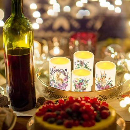 Happy Easter Flameless LED Candles Electric Candles with Remote Timer Colorful Light Control Long Lasting for Easter Day Decorations Pack of 4, Bunny Flower Butterfly Wreath, White