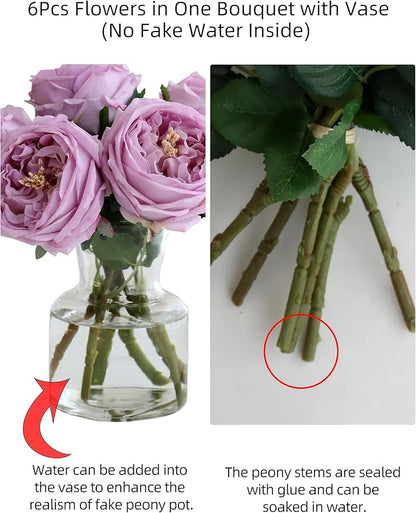 Fake Austin Rose Peonies Flowers with Vase, Clear Glass Vase with Purple Real Touch Peonies Artificial Flowers,Faux Flower Arrangements for Dining Table Centerpiece Decor