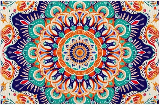 Ethnic Colorful Flower Mandala Placemats Set of 6 PVC Vinyl Non Slip Table Mats Waterproof Heat Resistant Place Mats Washable Wipeable Dining Table Mat for Kitchen Party Farmhouse Indoor Decorative