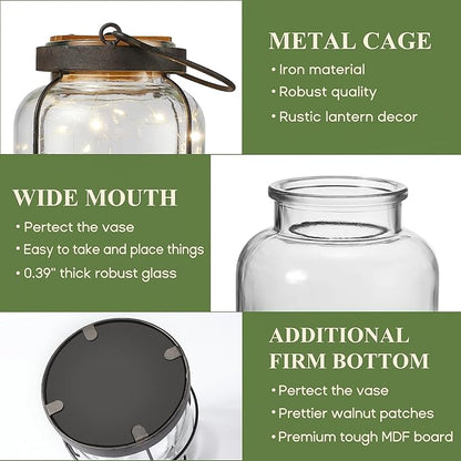 Vintage Farmhouse Lantern Decor LED Lighted Vase, Rustic Glass Vase with Artificial Flowers 4pcs Lavenders & Eucalyptus, Farmhouse Table Centerpiece for Floral Arrangements-Hidden Switch Lid