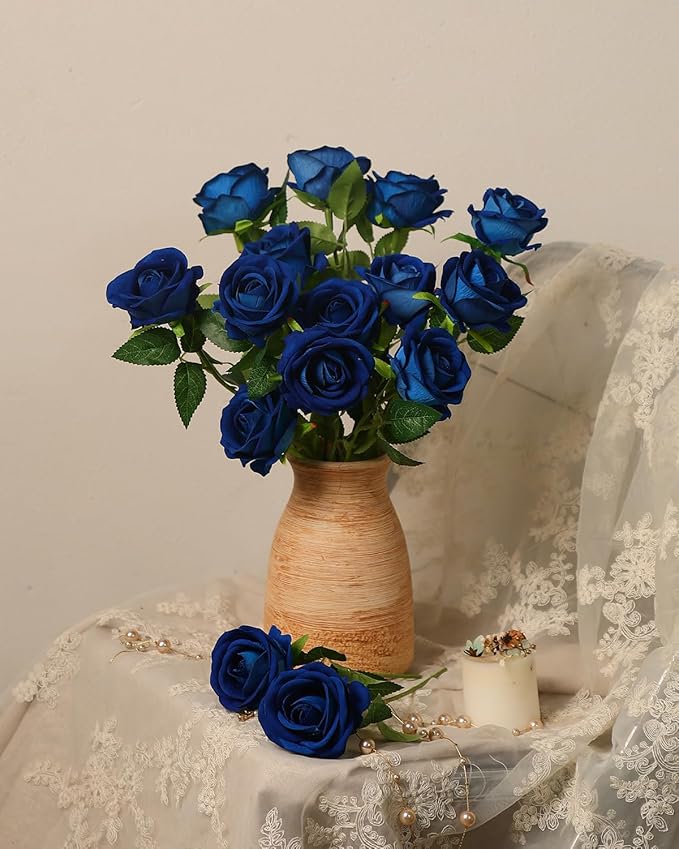 LFF Premium Artificial Royal Blue Roses - 50Pcs Realistic Velvet Faux Roses with Long Stems for Wedding Bouquets, Centerpieces, Proposals & Home Decor (Blue)