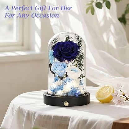 Eternal Roses, Preserved Flowers in Glass Dome, Long Lasting Roses Blue Forever Flowers for Delivery, Valentines Day Mothers Day Anniversary Birthday Gifts for Grandma Women Her Mom Girlfriend Wife