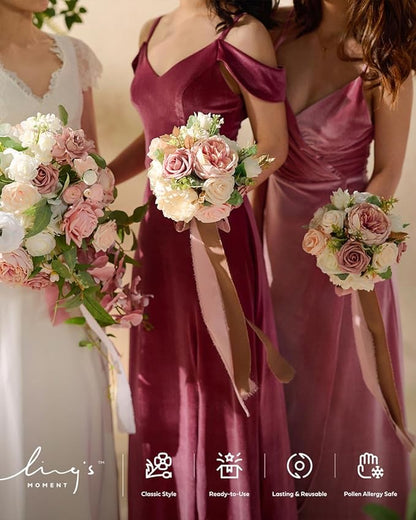 Ling's moment Artificial Flowers Pink Bridesmaid Bouquet Set of 4, Dusty Rose Wedding Flowers Bouquets for Bridesmaids, 7 Inch Bridal Bouquets for Bridesmaids, Wedding, Ceremony, Anniversary, etc