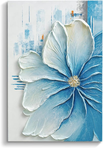 JUHOME Hand-Painted Blue Floral Canvas Wall Art, 24x36 In Thick Textured Abstract Oil Painting, Vertical Modern Artwork for Living Room, Bedroom, Office, Large Original Wall Decor