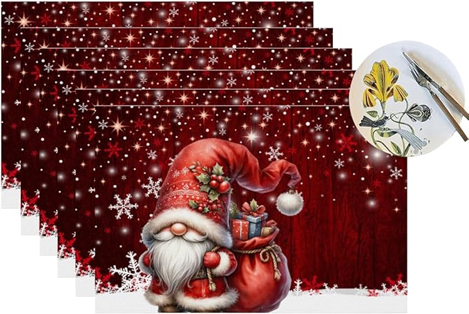 PVC Placemats Set of 6 Wipeable Table Mats Washable Heat Resistant Non Slip Vinyl Dining Table Mat for Kitchen Indoor Outdoor Patio Farmhouse Place Mats Red Santa Claus Gnome Decorative