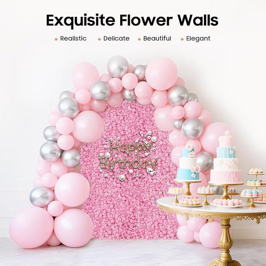 3D Flower Wall Panel, 20pcs Pink Artificial Floral Wall Backdrop, Realistic Silk Flower Backplanes, Roll Up Fake Flower Background for Valentines Wedding Party Photo Arrangement Decor