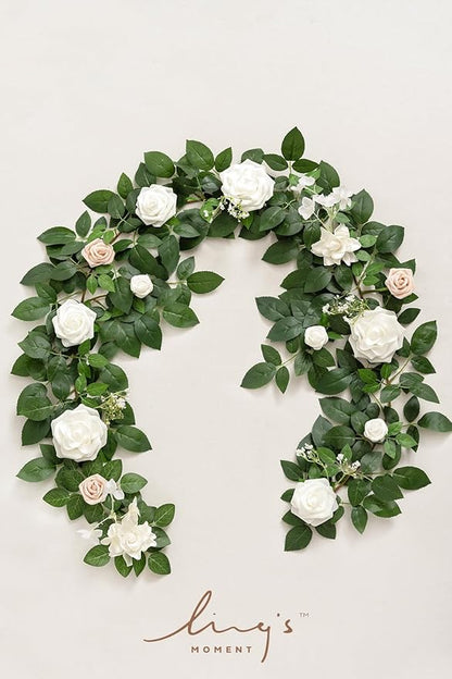 Ling's Moment 5FT White Artificial Flower Garland Fake Rose Green Leaves Floral Garland Arch Flowers Vine for Wedding Party Backdrop Decor Mantel Home Table Centerpieces Window Decorations