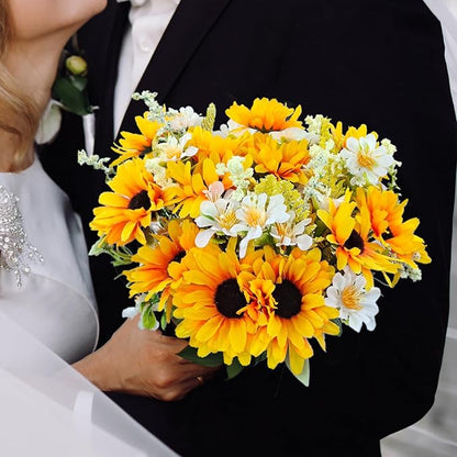 5 Bunches Artificial Sunflowers Bouquets, Fake Silk Sunflower with Faux Daisy Wildflowers Plants for Home Decor Indoor Floral Arrangements Table Centerpiece Bridal Wedding Decor (Orange)
