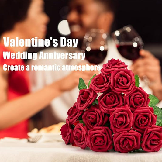 Cliselda 100Pcs Red Fake Roses Artificial Flowers with Stems, Valentine's Day Gifts, Real Touch Foam Rose Bulk Faux Flowers for Wedding Bouquets Centerpieces Flower Arrangement