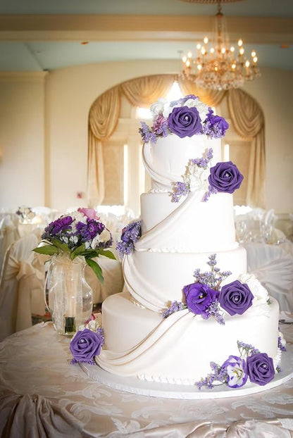INSUNSX Purple Roses Artificial Flowers with Crystal 50PCS Purple Artificial Roses with Stems Realistic Flowers for Bridal Shower Centerpieces Wedding Bouquet Table Decorations