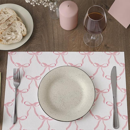 Placemats Set of 4, Pink Bow Table Mat for Home Kitchen, Restaurants, Outdoor Linen Washable Place Mats 12x18 inch Party Event Dining Decoration-06