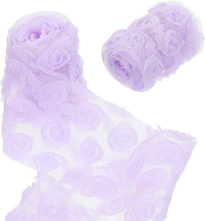 uxcell 2PCS Lace Trim Ribbon, 2.36 inch - 1 Yard 3D Rose Floral Embroidery Ribbons Edge Trimming for Sewing, Wedding Dress, DIY Crafts, Decoration Accessories, Light Purple