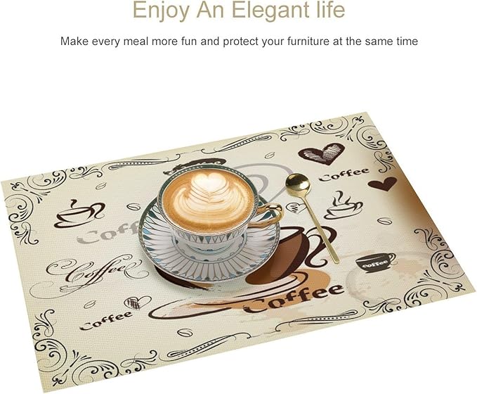 Coffee Kitchen Placemats Vintage Rustic Coffee Theme Latte Tea Cup Cappuccino Placemats Table Kitchen Dining Party 12x18 Inch Set of 4
