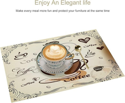 Coffee Kitchen Placemats Vintage Rustic Coffee Theme Latte Tea Cup Cappuccino Placemats Table Kitchen Dining Party 12x18 Inch Set of 4