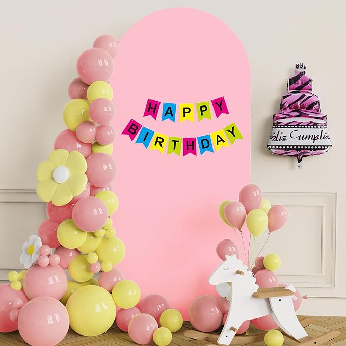 Putros 6ft Metal Arch Stand with Cover Pink Spandex Fitted Wedding Arch Cover and Round Top Chiara Backdrop Stand Set for Birthday Party Baby Shower Decoration